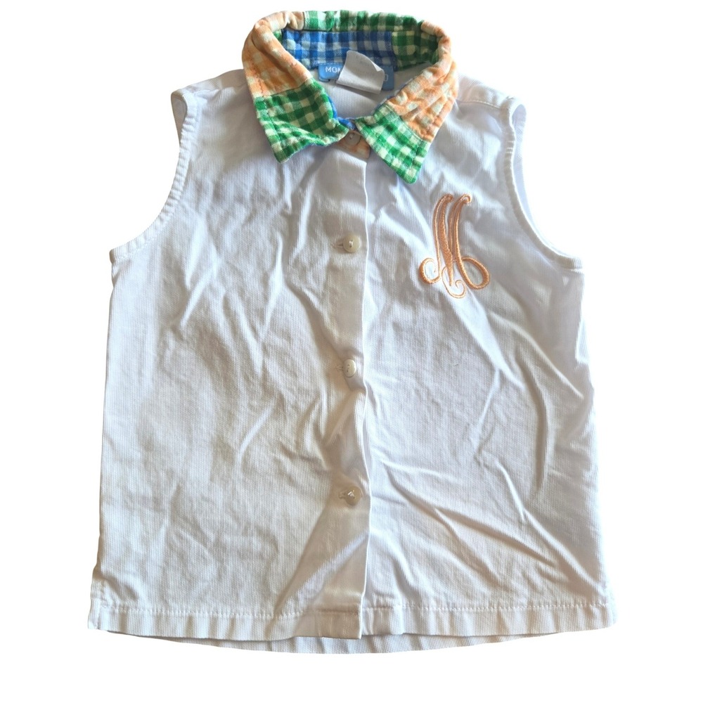 Mondays Child Kids White‎ Pique Sleeveless Gingham Collar Monogram Shirt "M"